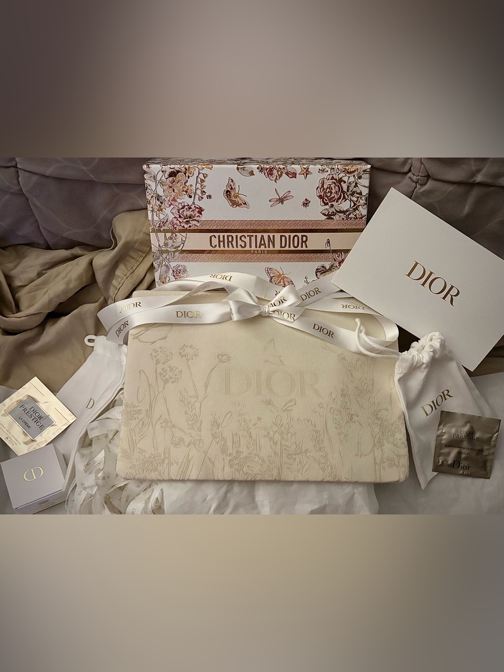 Dior-Large Raffie Cosmetics Bag, Plus Samples of Creams, Logo Tote Bags, Box Etc